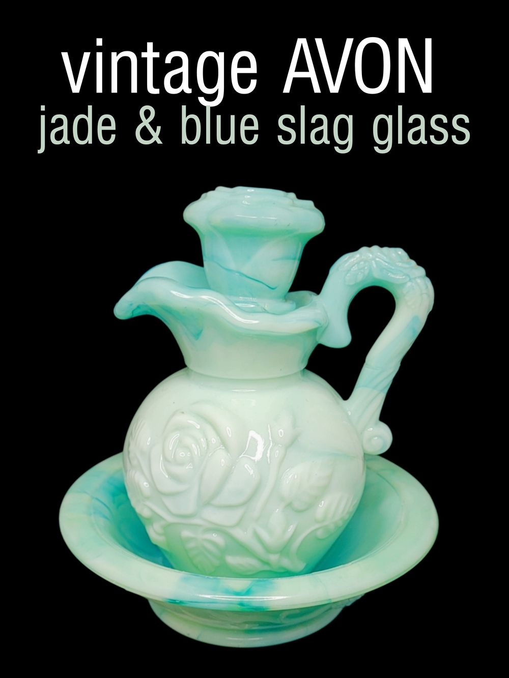 Vintage Avon Jade & Blue Slag Mini Glass Pitcher W/ Bowl - Victorian Rose